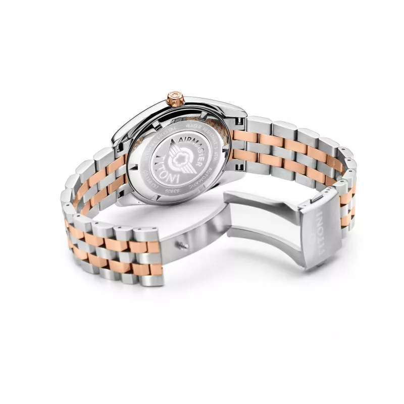 TITONI Vyriškas automatinis laikrodis 83909SRG-063 38,5mm Rožinio aukso PVD nerūdijantis plienas Sidabrinis ciferblatas Ruda odinis dirželis