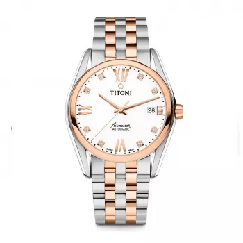 TITONI Vyriškas automatinis laikrodis 83909SRG-063 38,5mm Rožinio aukso PVD nerūdijantis plienas Sidabrinis ciferblatas Ruda odinis dirželis