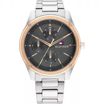 Tommy Hilfiger vyriškas laikrodis 1710541 analoginis kvarcinis 44mm nerūdijančio plieno korpusas rudos odos dirželis mėlynas ciferblatas