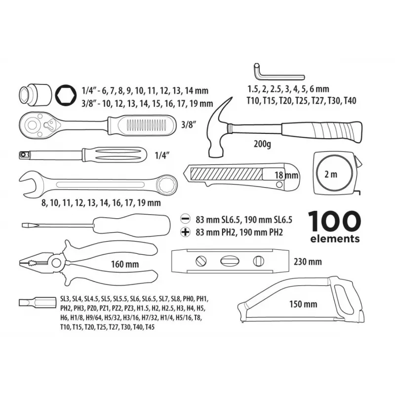 Top Tools 100 dalių 1/4 colio ir 3/8 colio lizdų ir įrankių rinkinys su chromo vanadžio plienu, 72 dantų reketu ir liejamo plastiko dėklu
