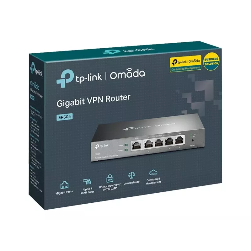 TP-LINK ER605 SafeStream Router - Gigabit VPN maršrutizatorius su 4 prievadų jungikliu, 3 WAN prievadais, montuojamas ant sienos