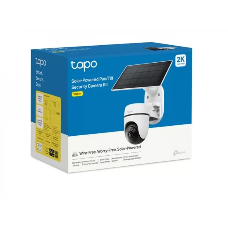 TP-Link Tapo TC90 KIT Saulės energija varoma pasukama apsaugos kamera, 2K QHD, lauko, baterija ir saulės elementas, IP65, spalvotas naktinis matymas, belaidė, 1 kamera