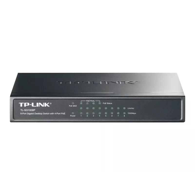 TP-Link TL-SG1008P 8 prievadų Gigabit stalinis PoE+ komutatorius, 4 PoE prievadai, 64W biudžetas, metalinis