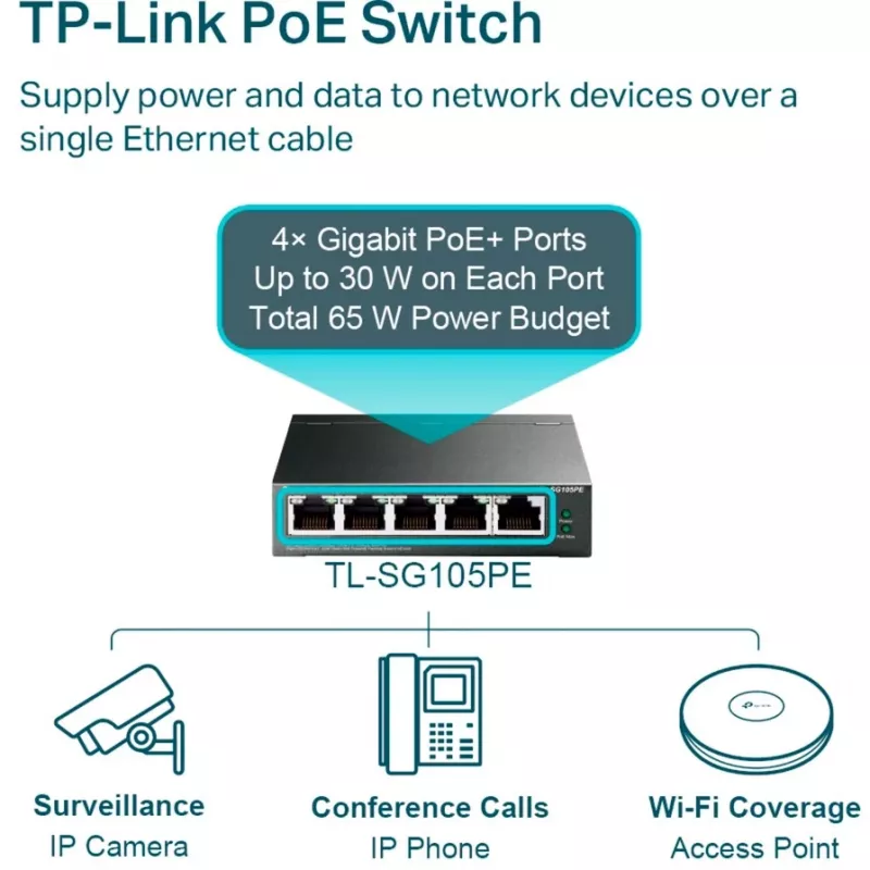 TP-Link TL-SG105PE Easy Smart Gigabit Switch su 4 PoE+ prievadais