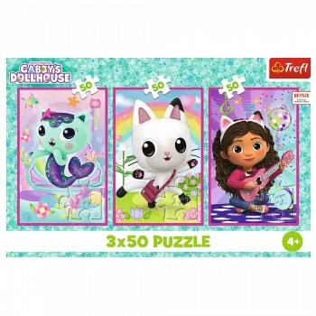 TREFL PUZZLE Dėlionė 3x50 - Susipažink su Gabby ir jos lėlių nameliu Trefl 34876