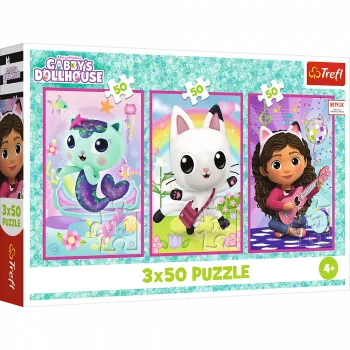 TREFL PUZZLE Dėlionė 3x50 - Susipažink su Gabby ir jos lėlių nameliu Trefl 34876