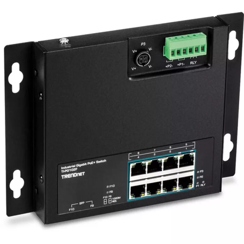 TRENDnet TI-PG102F Pramoninis 8 prievadų Gigabit PoE+ komutatorius (240W, DIN-rail, IP30, be ventiliatoriaus)