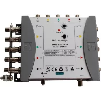 TRIAX TMST 5x1 TAP Multiswitch su 4 dB atšaka, 5 palydoviniais įėjimais, antžeminiu įėjimu, 4 abonentų išėjimais 318642