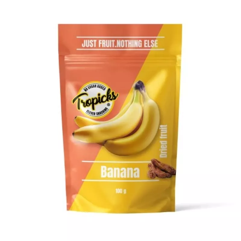 Tropicks Dried Banana 100 g – traškūs saldūs bananų traškučiai su kokosų aliejumi ir medumi
