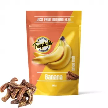 Tropicks Dried Banana 100 g – traškūs saldūs bananų traškučiai su kokosų aliejumi ir medumi