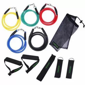Tunturi Exercise Multifunctional Resistance Band Set – 5 spalvomis koduotos elastinės juostos su rankenomis, kulkšnies dirželiais, durų inkaru ir krepšiu
