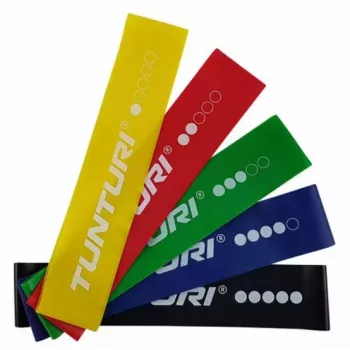 Tunturi Mini Resistance Band Set – 5 kilpų juostos, 5 pasipriešinimo lygiai, natūralus lateksas, su laikymo maišeliu