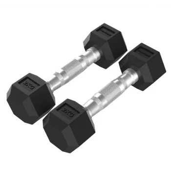 Tunturi Platinum Hex Rubber Dumbbell 2kg pora – šešiakampiai guminiai hanteliai su raižyta chromuota rankena