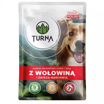 TURNA šlapias ėdalas šunims su jautiena – 100 g pakelis (subalansuotas suaugusių šunų maistas)