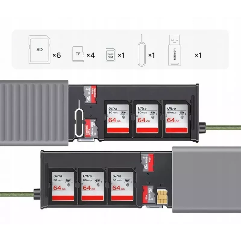 UGREEN 2-in-1 USB 3.0 SD/microSD kortelių skaitytuvas su laikymo dėklu, pilka