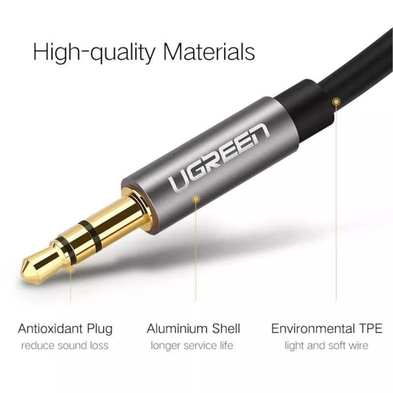 UGREEN 3.5mm Aux kabelis 2m – 24K auksu dengtas stereo garso kabelis, bevandenio vario laidininkai, dvigubas ekranavimas, TPE apvalkalas, nuleidžiama jungtis telefonų dėklams, juoda