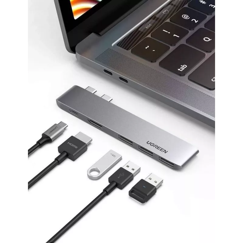 UGREEN 60559 USB-C Dockinė stotelė 9-in-1 šakotuvas su 4K HDMI, 3x USB 3.0, Gigabit Ethernet, SD/MicroSD, 100W PD, sidabrinis