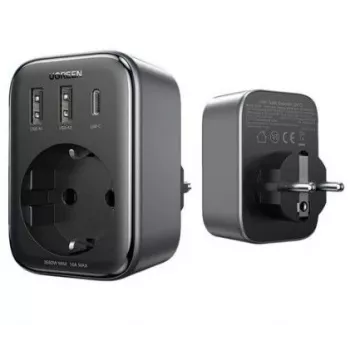 UGREEN CD314 30W GaN Įkroviklis su 2 USB-A, 1 USB-C ir 1 AC Kištukiniu Lizdu, EU Kištukas, Juodas