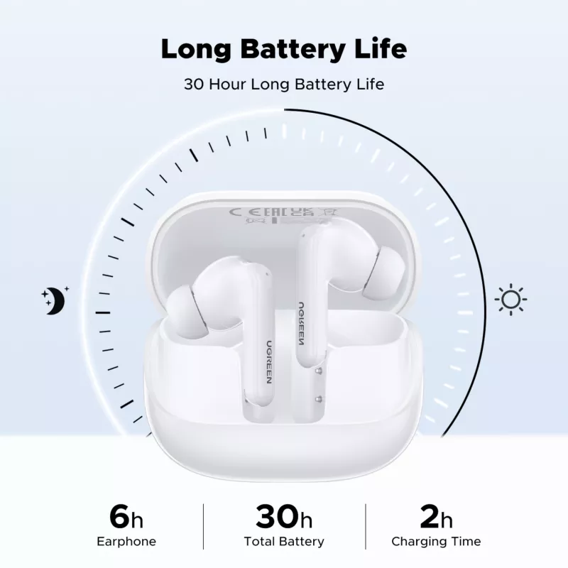 UGREEN EchoBuds Magic belaidės ausinės su aktyviu triukšmo slopinimu, Bluetooth 5.2, IPX5 – baltos