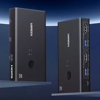 UGREEN HDMI 2.0 KVM Switch 2-In-1 Out, 2 kompiuteriai 1 monitorius, 4K@60Hz, 3 prievadų USB 2.0 Hub, mygtukas ir karštųjų klavišų perjungimas, aliuminio lydinys, HDCP 2.2, HDR10