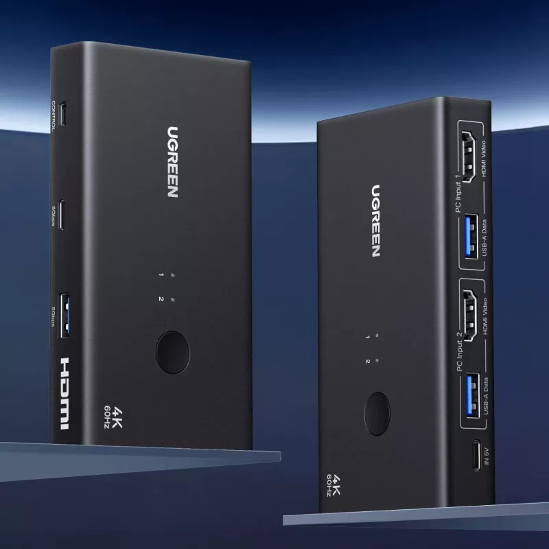 UGREEN HDMI 2.0 KVM Switch 2-In-1 Out, 2 kompiuteriai 1 monitorius, 4K@60Hz, 3 prievadų USB 2.0 Hub, mygtukas ir karštųjų klavišų perjungimas, aliuminio lydinys, HDCP 2.2, HDR10