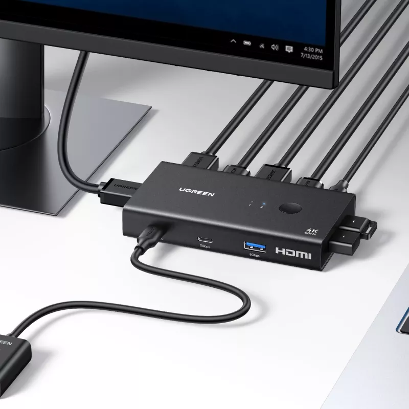 UGREEN HDMI 2.0 KVM Switch 2-In-1 Out, 2 kompiuteriai 1 monitorius, 4K@60Hz, 3 prievadų USB 2.0 Hub, mygtukas ir karštųjų klavišų perjungimas, aliuminio lydinys, HDCP 2.2, HDR10