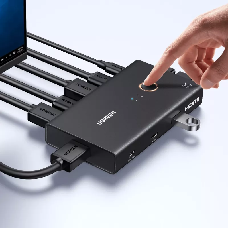 UGREEN HDMI 2.0 KVM Switch 2-In-1 Out, 2 kompiuteriai 1 monitorius, 4K@60Hz, 3 prievadų USB 2.0 Hub, mygtukas ir karštųjų klavišų perjungimas, aliuminio lydinys, HDCP 2.2, HDR10
