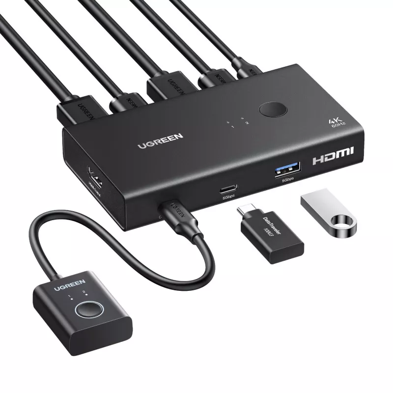 UGREEN HDMI 2.0 KVM Switch 2-In-1 Out, 2 kompiuteriai 1 monitorius, 4K@60Hz, 3 prievadų USB 2.0 Hub, mygtukas ir karštųjų klavišų perjungimas, aliuminio lydinys, HDCP 2.2, HDR10
