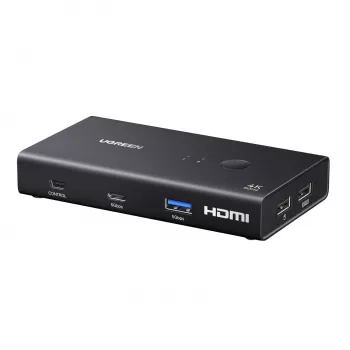 UGREEN HDMI 2.0 KVM Switch 2-In-1 Out, 2 kompiuteriai 1 monitorius, 4K@60Hz, 3 prievadų USB 2.0 Hub, mygtukas ir karštųjų klavišų perjungimas, aliuminio lydinys, HDCP 2.2, HDR10