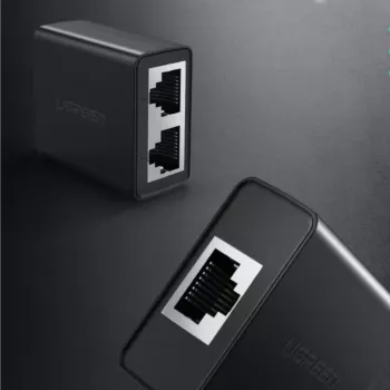 UGREEN RJ45 Splitter Adapter 2 vnt. (juoda) - Ethernet tinklo daliklis, 1x RJ45 kištukas į 2x RJ45 lizdus, 100Mbps, Cat5/Cat5e/Cat6 suderinamas, pasyvus, Plug & Play