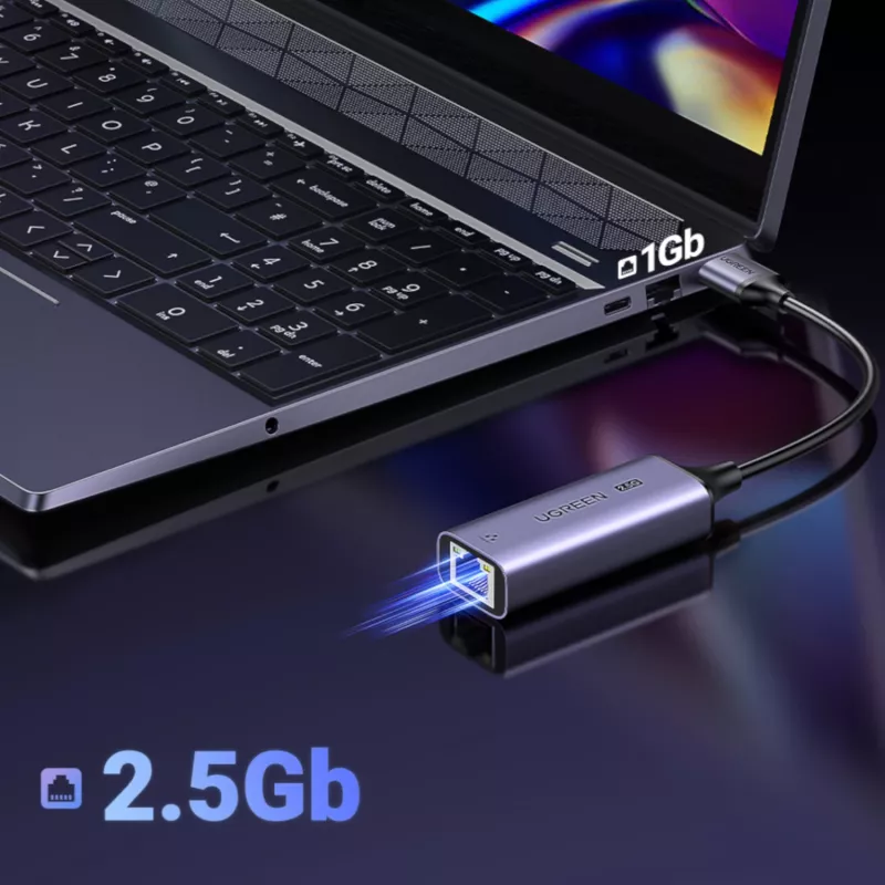 UGREEN USB-A 3.2 Gen 1 į 2,5G Ethernet adapteris, 2,5 Gbps RJ45 LAN, aliuminis, Space Gray, Plug & Play, Realtek RTL8156B, 10 cm laidas