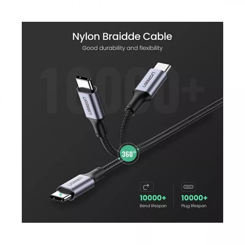 UGREEN USB-C į USB-C 100W pintas nailono įkrovimo laidas 2 m juodas