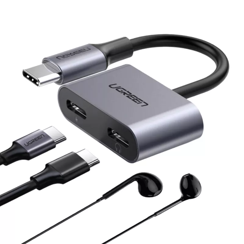 UGREEN USB Type-C dvigubas garso ir įkrovimo adapteris (15W PD, 2-in-1 skirstytuvas)