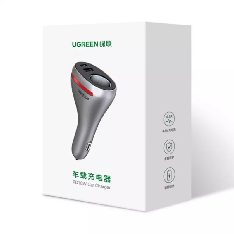 UGREEN USB Type C / USB QC PD 24W automobilinis įkroviklis su 12V cigarečių žiebtuvėlio lizdu sidabrinis (CD204)