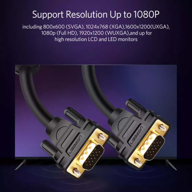 UGREEN VG101 VGA kabelis vyras į vyrą 1,5 m – Full HD 1080p, auksu dengtos jungtys, dvigubas ekranavimas, dvigubos ferito šerdys