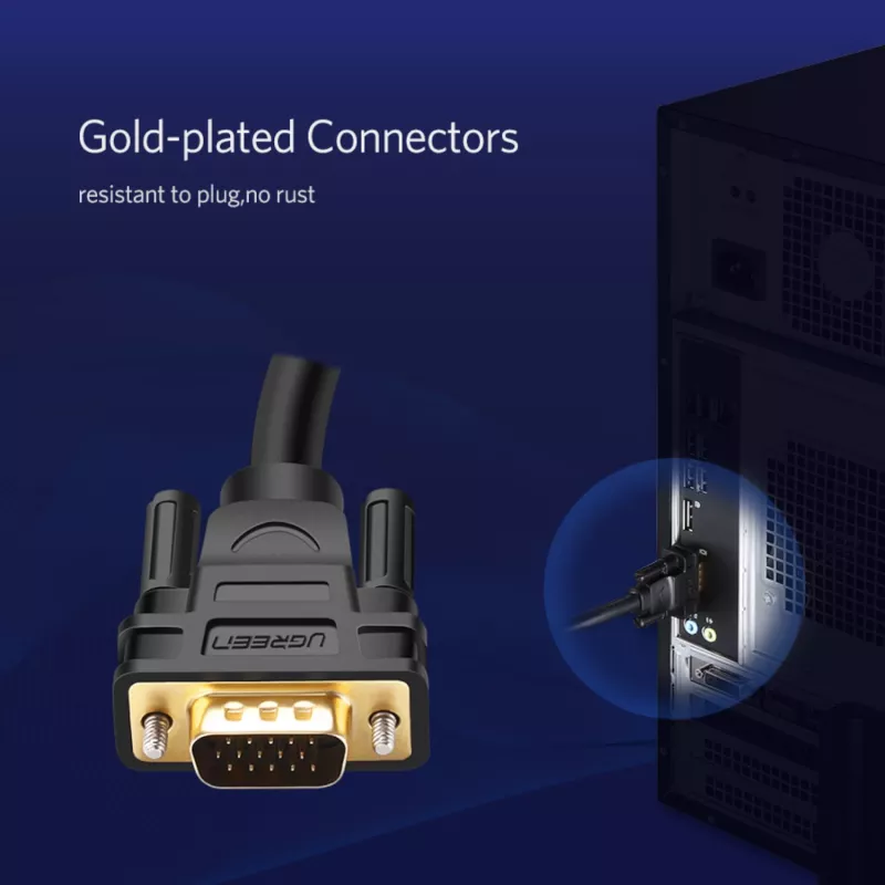 UGREEN VG101 VGA kabelis vyras į vyrą 1,5 m – Full HD 1080p, auksu dengtos jungtys, dvigubas ekranavimas, dvigubos ferito šerdys