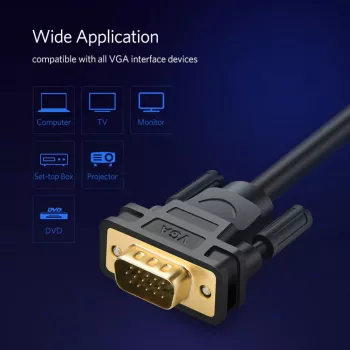 UGREEN VG101 VGA kabelis vyras-vyras 3 m – auksu padengti kontaktai, dvigubi ferito žiedai, Full HD 1080p