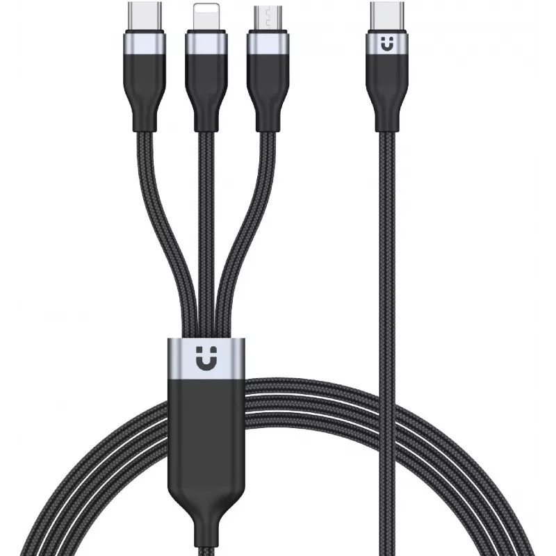 UNITEK 3-in-1 USB-A į Lightning, USB-C, Micro USB nailono pintas įkrovimo laidas 1,2 m juodas
