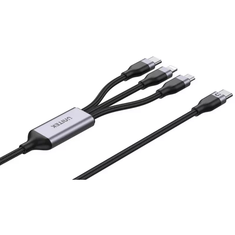 UNITEK 3-in-1 USB-A į Lightning, USB-C, Micro USB nailono pintas įkrovimo laidas 1,2 m juodas