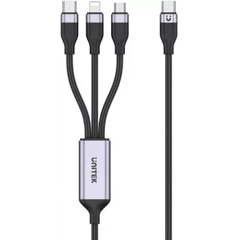 UNITEK 3-in-1 USB-A į Lightning, USB-C, Micro USB nailono pintas įkrovimo laidas 1,2 m juodas