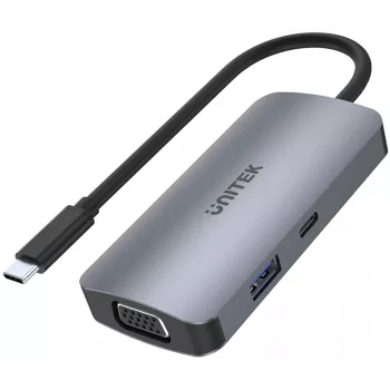 Unitek D1051A USB-C šakotuvas su VGA, 2x HDMI, USB 3.0, Power Delivery ir MST