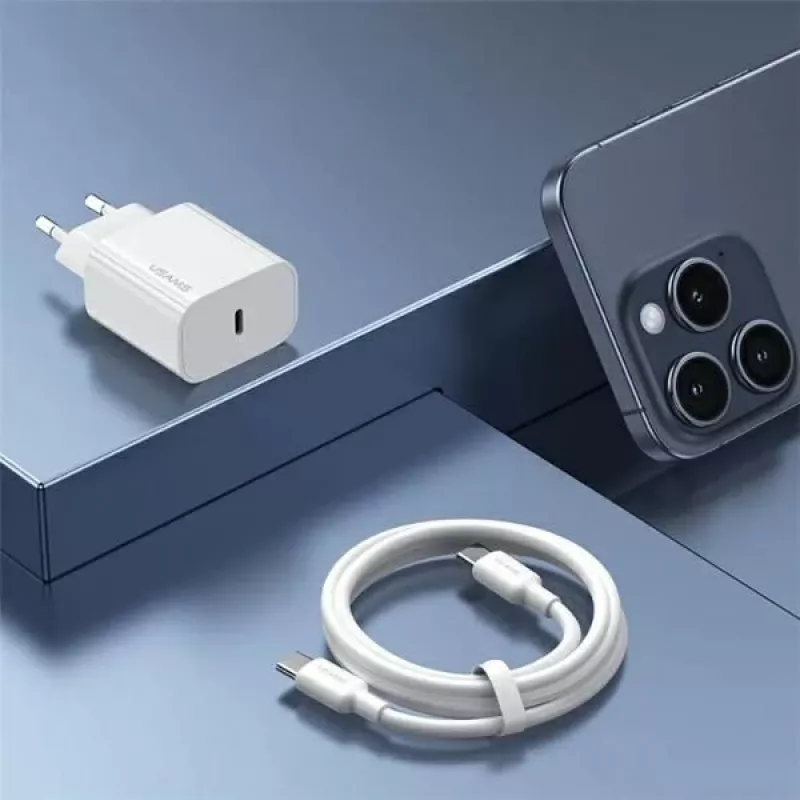 USAMS Yi Series T65 20W PD Greitasis Įkroviklis su USB-C į USB-C 60W Kabeliu, Baltas (OYXLTZ01)