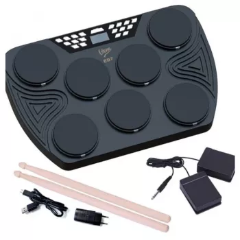 V-TONE ED7 Nešiojamas Elektrinis Būgnų Rinkinys su USB-C, 7 Silikoninėmis Pagalvėlėmis, 2 Pedalais, 5 Išankstiniais Rinkiniais, Įmontuotu Garsiakalbiu