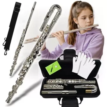 V-TONE SCF 16 skersinė fleita su lenktu galvutės vamzdeliu, C klavišas, sidabruota nikelio žalvario, uždara sistema, Split E mechanizmas, pradedančiųjų fleita su dėklu ir aksesuarais