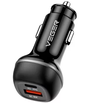 VEGER automobilinis įkroviklis USB-A + USB-C QC PD 51W CC62-1A1C Juodas