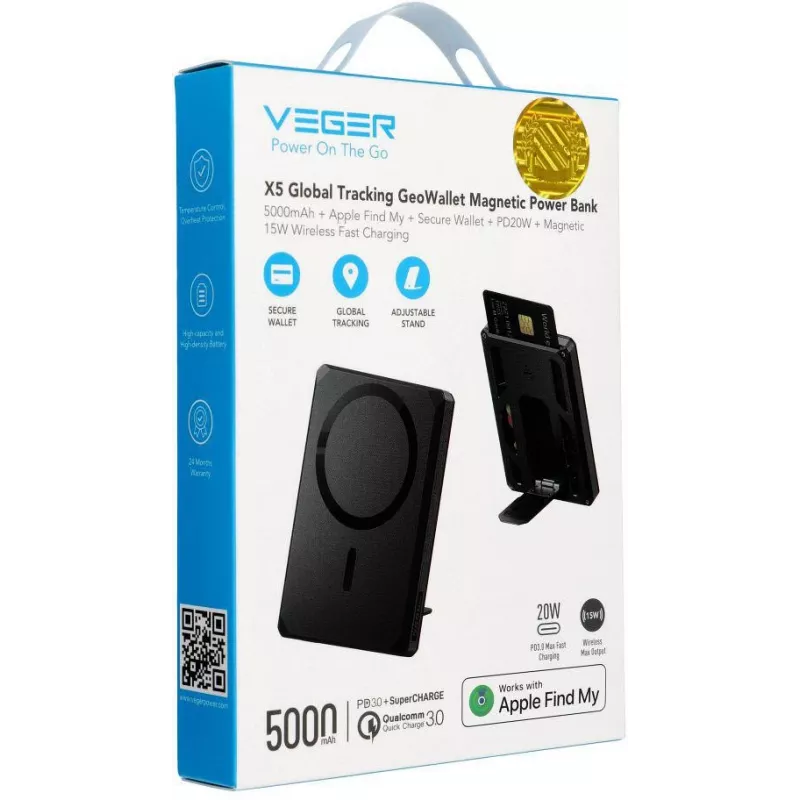 Veger GeoWallet Tracker X5 5000 mAh 20W PD QC 3.0 MFi MagSafe USB-C Power Bank - Juoda