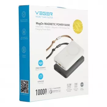 Veger MagOn Power Bank 10000 mAh Baltas – suderinamas su MagSafe, PD QC3.0 20W belaidžiu įkrovimu
