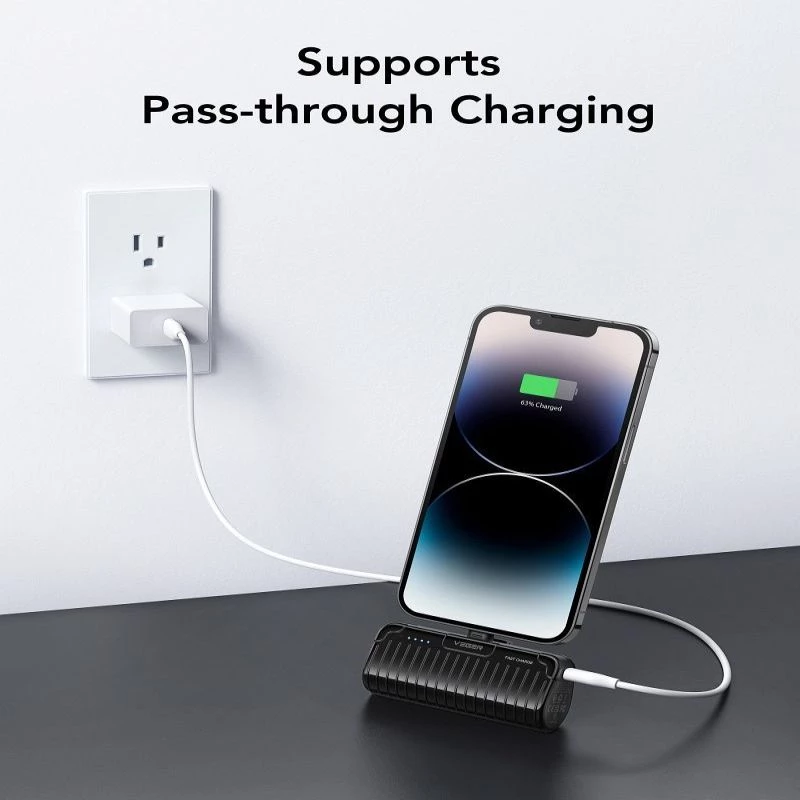Veger PlugOn Power Bank (W0558P) 5000 mAh 20W PD QC3.0 su Įmontuota Lightning Jungtimi Juoda