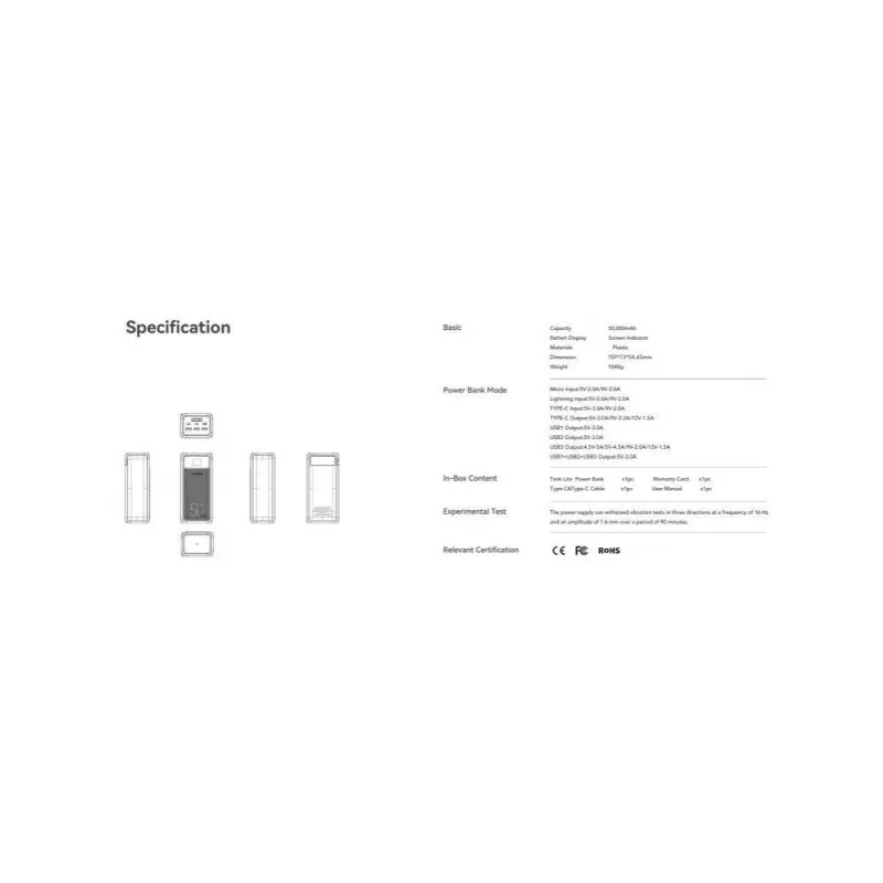 Veger Power Bank Tank Lite (W5001) PD QC3.0 5A 22,5W 50000 mAh juodos spalvos