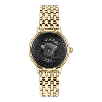 VERSACE V-Circle Unisex Swiss Quartz Watch VE6F00523 38mm Black Dial Leather Strap